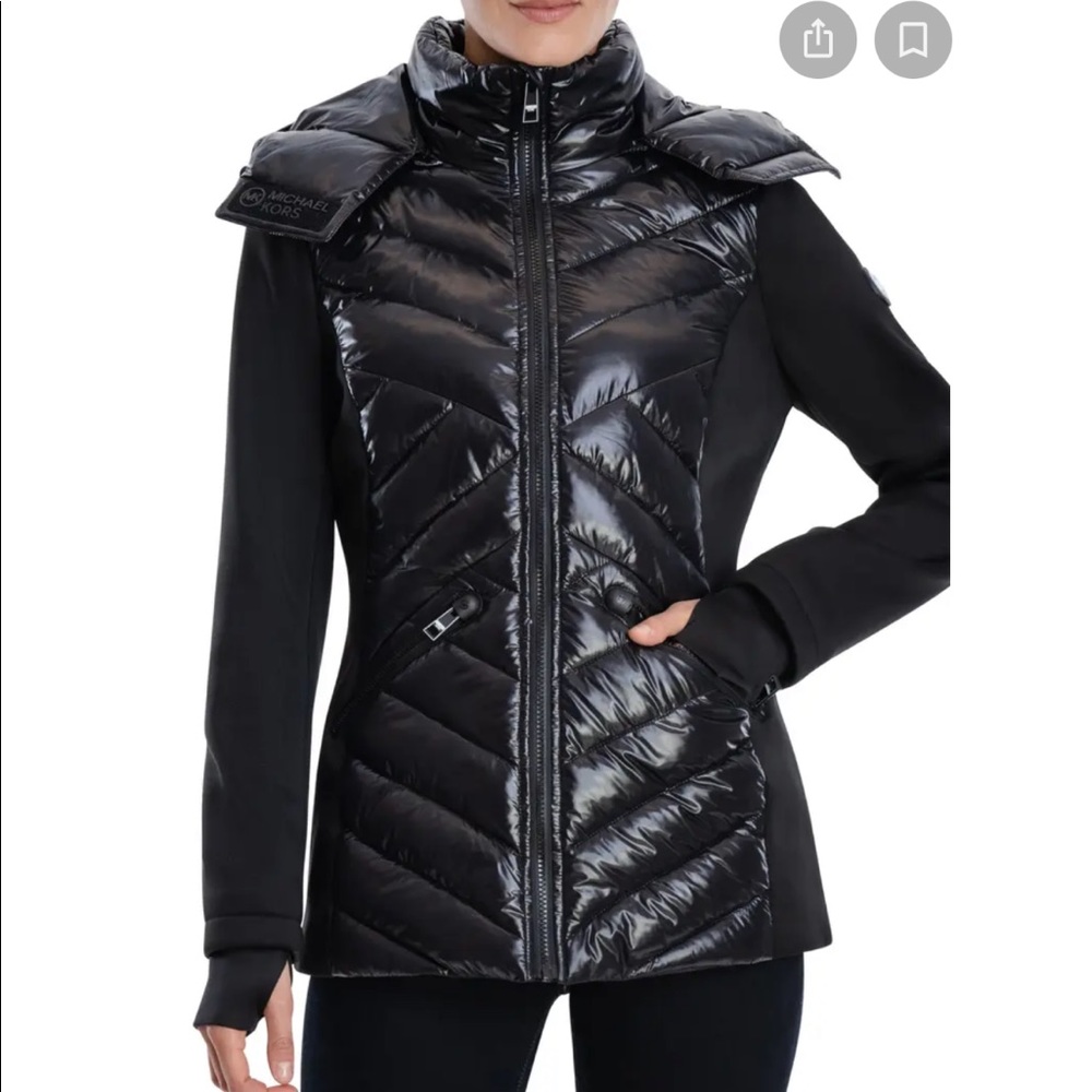 Michael Kors soft shell/quilted, water resistant, hooded, black glossy jacket